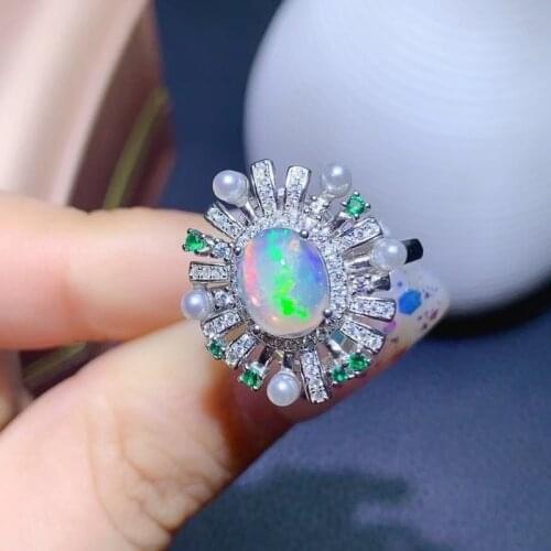 Fine Jewelry 925 Sterling Silver Natural Opal Women Exquisite Noble Flower Adjustable Gem Ring Support