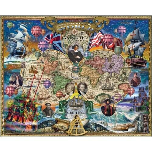 JOHNSON Great Explorers World Map Sea Sailboat Hot Air Balloon Ocean Nautical travel background Computer print party backdrop