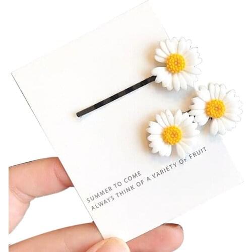 2PCs Women Daisy Flower Hairpin Set Girl Sweet Barrette Pearl Hairgrips Clip Female Hair Accessories Elastic Rope Bands HairPins