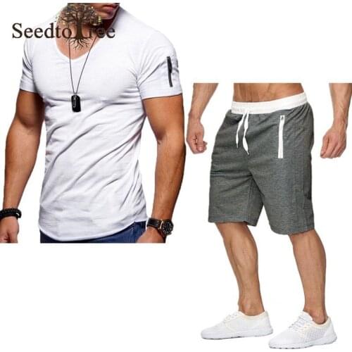 Summer Mens Casual Suit Large Size V Neck Shortsleeved T-shirt Mens Sets