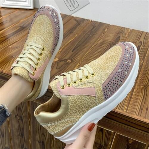 Women Dad Sneakers Chunky Gold Silver Rhinestone Casual Shoes Spring Autumn Comfortable Breathable Female Platform Lace-Up Flats