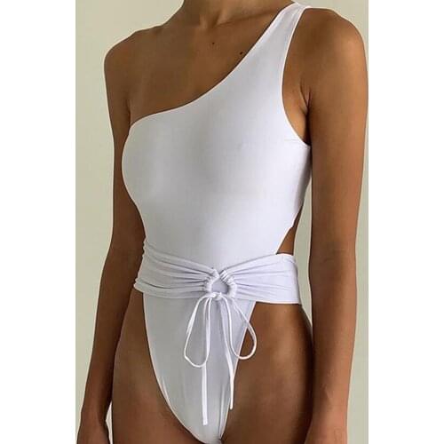 ZTVitality Swimwear Women 2020 Hot Sale One-Shoulder Padded Bra White One Piece Monokini Belt Bandage Sexy White Swimsuit Female