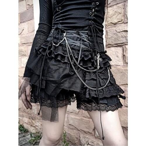 Original Design Lolita Rock punk multi-layer lace pant skirt Dark Ribbon Summer Winter Japanese gothic black mesh mini skirt