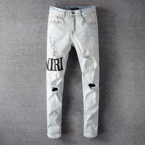 High Street Embroidery Letter Jeans Men Fashion Designer Ripped Hole Slim Fit Jeans Trousers Hip Hop Party Jeans Pants Men 650