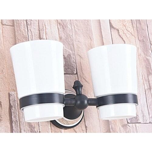 Black Oil Rubbed Brass Double Toothbrush Holder With Ceramic Cup Wall Mounted Bathroom Accessories aba710
