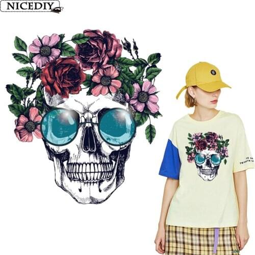 Nicediy Flower Skull Heat Transfers Patch For Clothing Fashion Style For Women Sticker T-shirts Applique On Clothes DIY Washable