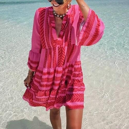 New Aztec Printed Boho Baech Dress Casual Bell Sleeve Summer Dress New 2021 Dress Women Bohemian Dress Plus Size
