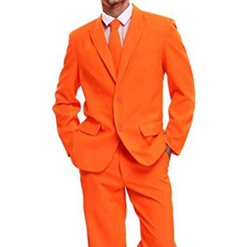 Orange Two Buttons Mens Party Suit Solid Color Leisure Suit for Holiday Party Two Pieces Suit Jacket with Tie & Pants