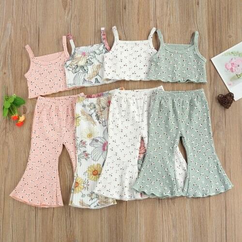 1-6Y Kid Baby Girls Fashion Summer Floral Print Sleeveless Tops+Flare Pants Outfits Children Clothing Sets