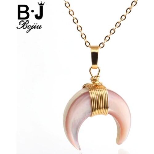 BOJIU Horn Necklace New Fashion Women jewelry Resin Moon abalone Pendant Long Chain Necklaces Festival Gifts NKS112