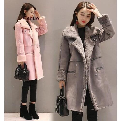 Pink Womens Winter Sheepskin Coat Fur Suede Long Coat Female 2020 Faux Fur Coat Thick Warm Jacket High Quality