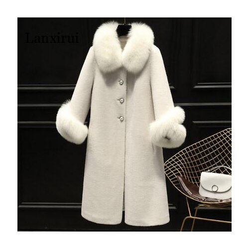 New Fashion Womens Granules Sheep Skin Suede Fur Coat Ladies Long Coat One Fox Fur Elegant Temperament Coat Female