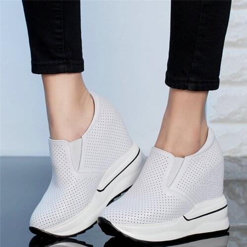 Casual Shoes Women Genuine Leather Wedges High Heel Motorcycle Boots Female Round Toe Fashion Sneakers Breathable Pumps Shoes