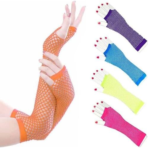 Drop Shipping 80s Neon Fishnet Gloves Long Fingerless Long Mesh Gloves Womens Disco Dance Costume 1980s Fancy Dress Accessories