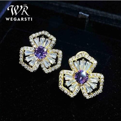 WEGARSTI Luxury Female Crystal Clear Zircon Stud Earrings Flower 925 Sterling Silver Earring For Women Vintage Earring Wholesale