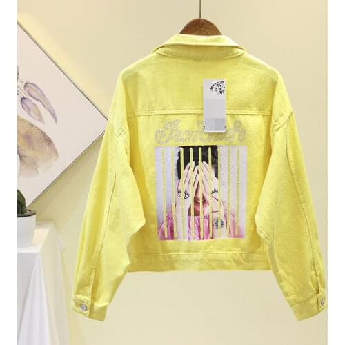 Women Denim Jacket Spring Fall Lapel Print Cotton Student Jeans Outwear Korean Casual Diamond Loose Pink Yellow White Short Coat