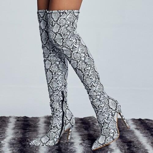 New Women Over The Knee Thigh High Boots Snake Print 11cm High Heels Serpentine Stripper Long Pleaser Winter Leather Prom Shoes