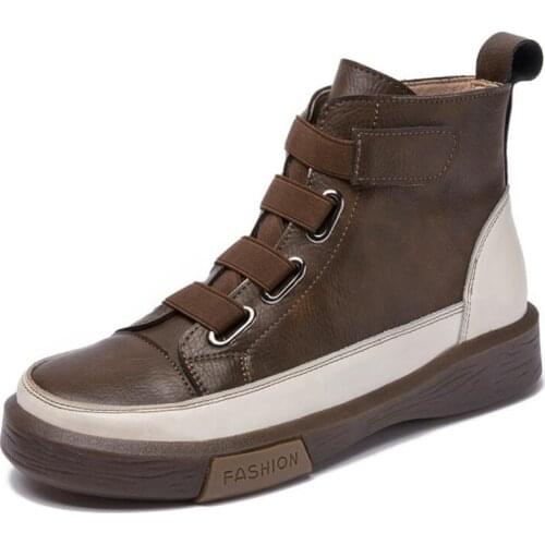 Women Spring Shoes Flat Genuine Leather 2021 New Color Matching Front Tie Ladies Single Boots Trend Girl Student Shoes