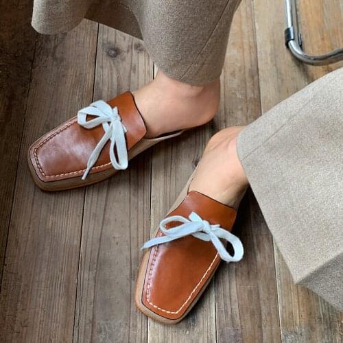 QZYERAI 2021 Fashion Blogger England Style Vintage Genuine Leather Shoes Mules Slippers Women Shoes Woman Shoes Women
