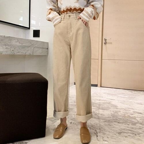2021 Autumn Winter Corduroy Pants Women Streetwear Long Trousers New High Waist Wide Leg Pants Female pantalon femme