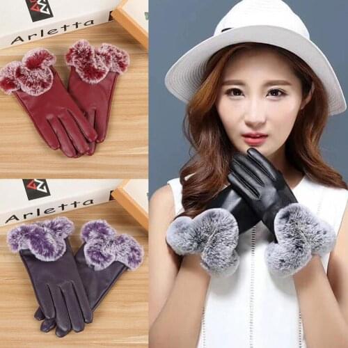 Soft Comfort Outdoor Winter Double thick Plush Wrist Women Windproof Touch Screen Warm Faux Leather Full Finger Driving Gloves