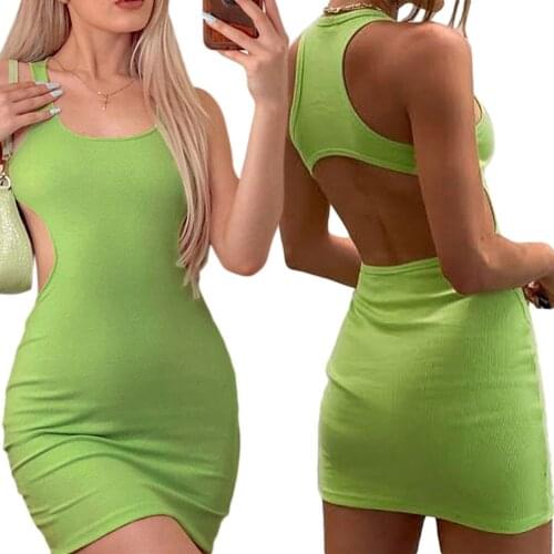 Women Sexy Hollow Out Short Dress Y2K Summer 2021 Adults Sleeveless Solid Color U-shaped Neck Cutout Bodycon Dress Party Club