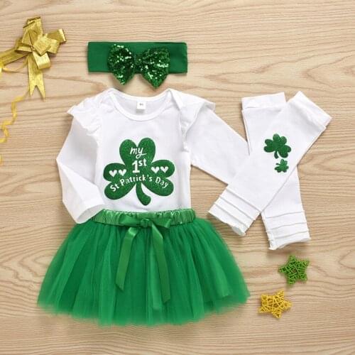 4pcs Toddler Baby Girls St.patricks Day Clothes Clover Party Princess Tulle Tutu Dress Green Mesh Skirt Headband Vestido #l