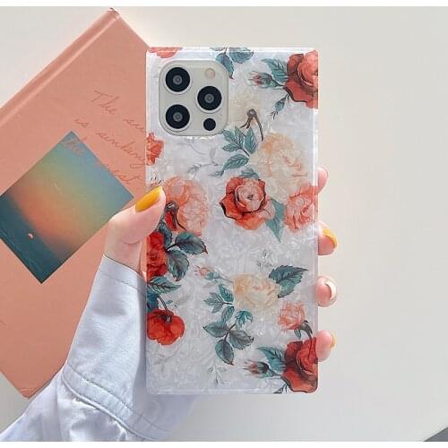 Square Conch Shell Flowers Print Phone Case For iPhone 12 11 Pro Max Women Girls Back Cover
