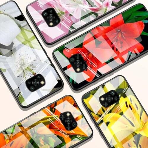 Colorful Flower Lily for Xiaomi POCO X3 NFC F3 M2 X2 F2 Redmi K30 Redmi Note 9 Pro Luxury Tempered Glass Phone Case Cover