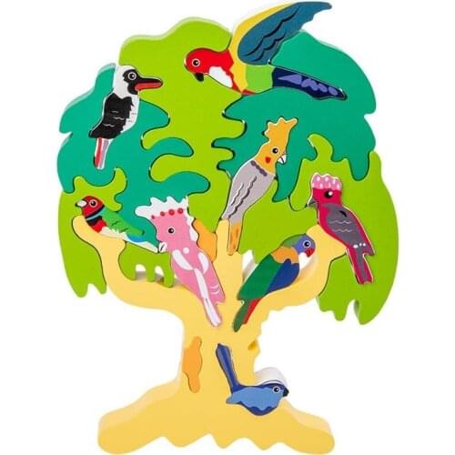 3D Wooden Puzzle Toy Stacking Puzzle Blocks Bird Tree Jigsaws Puzzles Owl Parrot Children Cognition Educational Montessori Toys