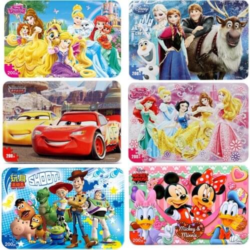 Disney 200 Pieces Iron Box Wooden Jigsaw Puzzle Mickey Racing Princess Frozen Kids DIY Educational Toys for Children Gift