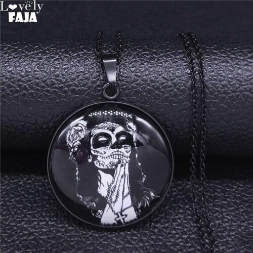 Gothic Mexican Female Bones Stainless Steel Necklace Women/Men Black Color Chain Necklaces Jewelry bijoux femme NXS03