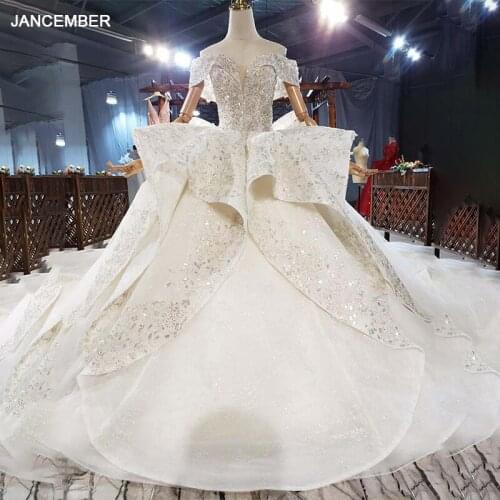 HTL1857 Champagne Crystal Wedding Dress 2020 V-Neck Short Sleeve Sequined Pearls Appliques Ball-Gowns Off The Shoulder