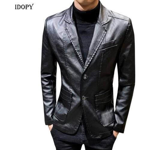 Idopy Autumn Mens Faux Leather Jackets Suit Male Outwear PU Pleather Office Casual Formal Coat Blazer