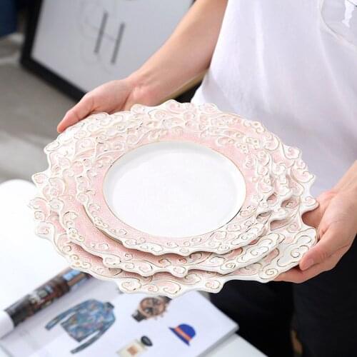 Ceramic Plate Pasta Bowl Western Steak Plate Embossment Soup Bowl Cloud Pattern Gold Border Tray European Style Deep Plate 1pcs