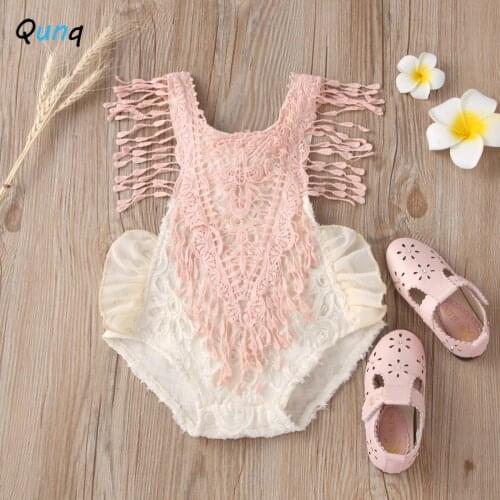 Qunq Baby Girls Romper Sweet White Lace Rose Pink Knitted Tassel Summer Infant Jumpsuits 2021 New Newborns Princess Costume
