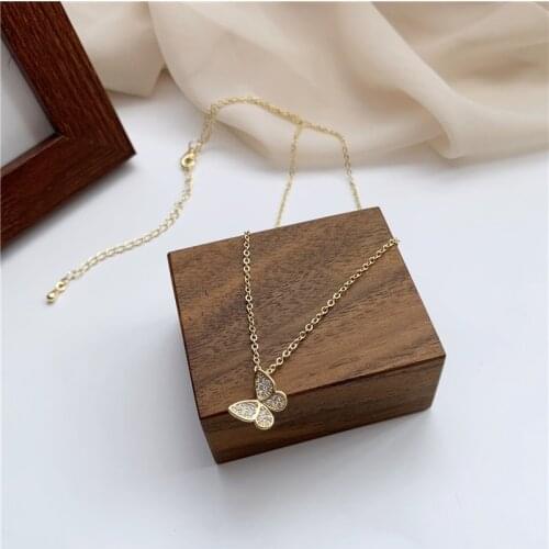 Korean Elegant Rhinestone Inlaid Butterfly Pendent Necklace Fashion Bowknot Necklace for Women Girls Kid Neck Jewelry Gift Trend