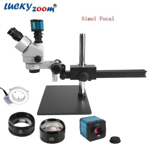 Luckyzoom 7X-45X Simul-Focal Trinocular Stereo Microscope Flexible Tripod Stand 60 Ring Light Soldering Phone Zoom Microscopio