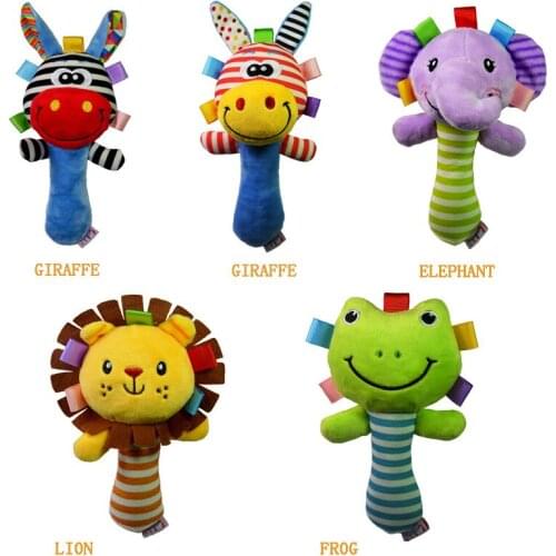 Soft Baby Toy Cartoon Animal Rattle Squeaker BB Sounder Early Educational Doll Elephant Giraffe Lion Frog Plush Hand Rattle Bell