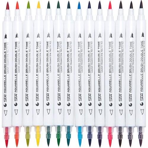 STA 14pcs Gradient Brush Pen Set Dual Tip Watercolor Markers Drawing Marker Coloring for Design Manga Comic Student Stationery