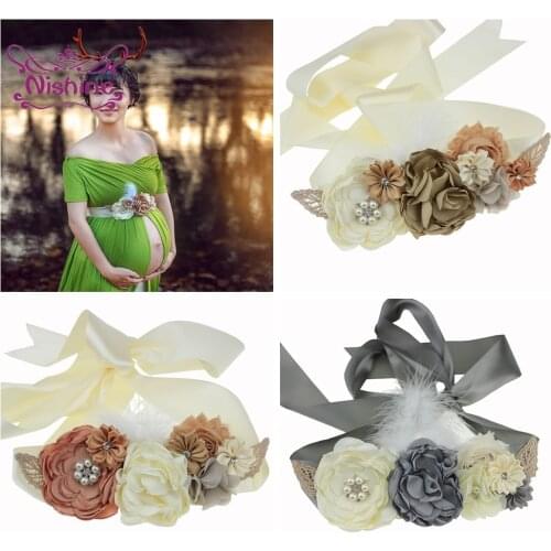 Nishine Shining Rhinestone Polygonal Flower Women Sash Feather Floral Belts Maternity Waistband Clothing Accessories Photo Props