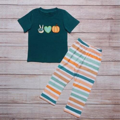 2021 New Style Embroidery Baby Boy Suit Green Short Sleeves And Multi-Color Striped Pants For Childrens Fall Suit