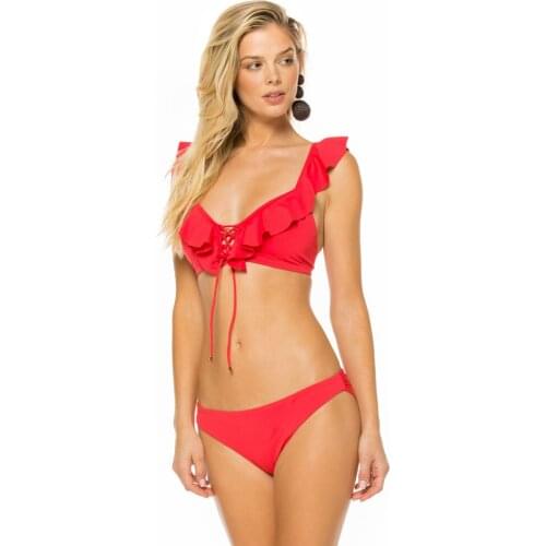 Ruffle lace up swimsuit womens sexy beach bikini two piece low waist solid color printed fashion SWIMSUIT SET