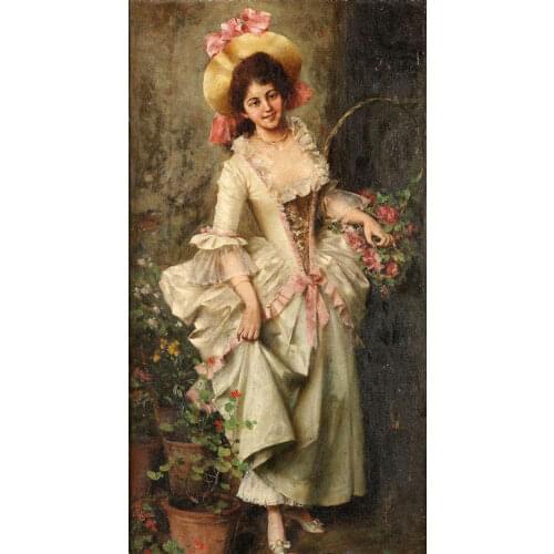 Hand Painted Classic Female Portrait Art Oil Painting Picture for Living Room Decor Woman Holding Basket & Spring Flowers Rose