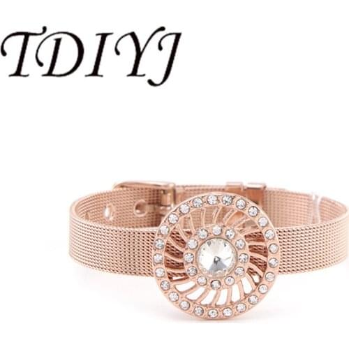TDIYJ DIY Rose Gold Round Crystal Whirl Big Slide Charms Stainless Steel Mesh Bracelet For Women Gift Jewelry 1Set