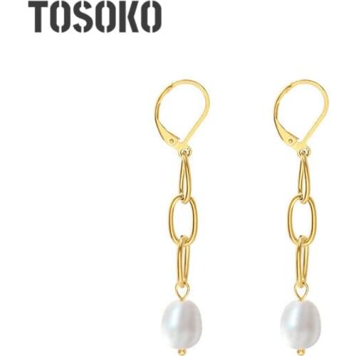 TOSOKO Stainless Steel Jewelry Link Chain Irregular Freshwater Pearl Long Earrings Women Baroque Fashion Earrings BSF368