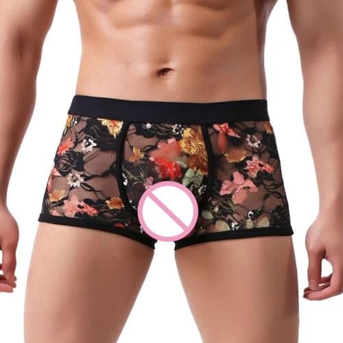 Men Sexy Underwear Homme Boxers Transparent Lace Loose Gay Mens Underpants Male Slip Convex Scrotum Care Short Panties
