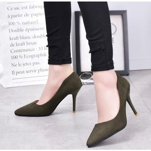 Lady Shoes Faux Suede High Heels Woman Shoes Pointed Toe Dress Shoes Basic Boat Zapatos Mujer