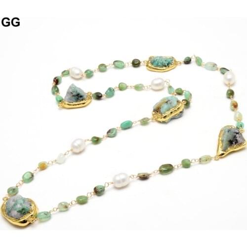 GuaiGuai Jewelry Natural White Pearl Green Emeralds Gold Plated Rough Green Chrysoprases Chain Statement Necklace For Women