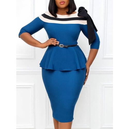 Women Elegant Dresses Slim Half Sleeves Peplum Patchwork Office Ladies Work Wear Vestidos African Femal Modest Package Hip Robes